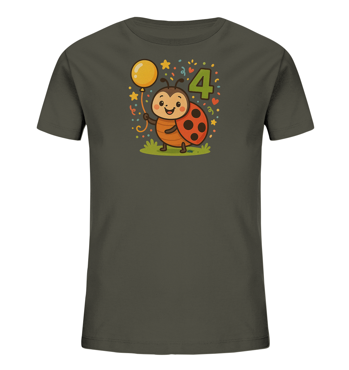 Onlineshop Shirts fuer Kinder - Das Bild zeigt ein dunkelgraues Kinder-T-Shirt mit einer froehlichen Illustration. Im Zentrum steht ein suesser Marienkaefer, der einen gelben Ballon haelt. Neben dem Marienkaefer ist die Zahl '4' in einem lebendigen Gruenton abgebildet. Das Design wird von Sternen und Konfetti-Elementen ergaenzt, was eine festliche Atmosphaere schafft.