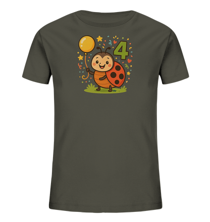 Onlineshop Shirts fuer Kinder - Das Bild zeigt ein dunkelgraues Kinder-T-Shirt mit einer froehlichen Illustration. Im Zentrum steht ein suesser Marienkaefer, der einen gelben Ballon haelt. Neben dem Marienkaefer ist die Zahl '4' in einem lebendigen Gruenton abgebildet. Das Design wird von Sternen und Konfetti-Elementen ergaenzt, was eine festliche Atmosphaere schafft.
