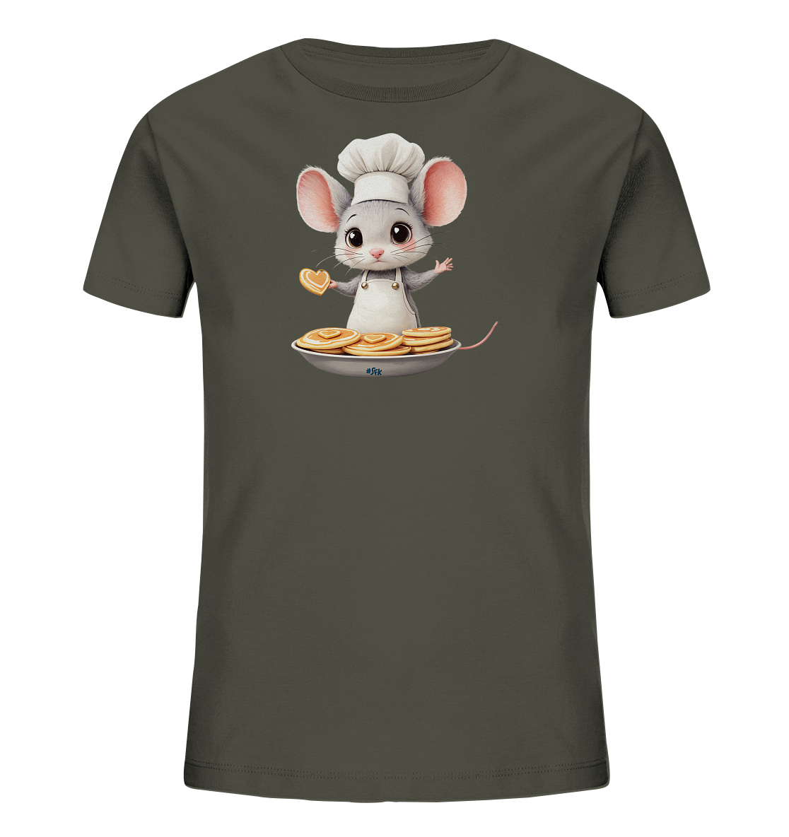 Onlineshop Shirts fuer Kinder - Das Bild zeigt ein dunkelgraues Kinder-T-Shirt mit einem niedlichen Cartoon-Motiv. Eine charmante Maus traegt eine Kochmuetze und Schuerze und praesentiert stolz eine Platte mit Pfannkuchen. Die Maus haelt ein herzfoermiges Gebaeckstueck in der Hand und hat einen freundlichen Ausdruck. Das Design wirkt verspielt und thematisiert das Backen.