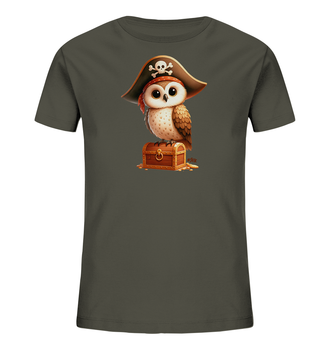 Onlineshop Shirts fuer Kinder - Das Bild zeigt ein dunkelgraues T-Shirt fuer Kinder. Auf der Vorderseite ist eine niedliche, cartoonartige Eule als Pirat dargestellt. Die Eule traegt einen Piratenhut mit Totenkopf und sitzt auf einer kleinen Schatztruhe, umgeben von Goldmuenzen. Das Design ist detailreich und verspielt.