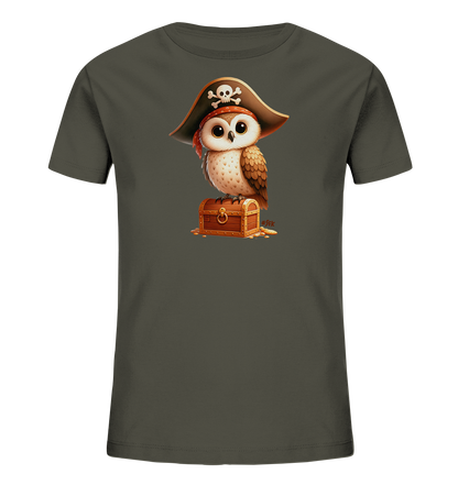 Onlineshop Shirts fuer Kinder - Das Bild zeigt ein dunkelgraues T-Shirt fuer Kinder. Auf der Vorderseite ist eine niedliche, cartoonartige Eule als Pirat dargestellt. Die Eule traegt einen Piratenhut mit Totenkopf und sitzt auf einer kleinen Schatztruhe, umgeben von Goldmuenzen. Das Design ist detailreich und verspielt.