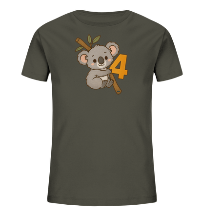 Onlineshop Shirts fuer Kinder - Das dunkelgraue T-Shirt zeigt eine niedliche, cartoonhafte Koala-Illustration. Der Koala sitzt auf einem Ast mit Blaettern. Neben dem Koala ist eine grosse orangefarbene Zahl Vier abgebildet. Das Motiv wirkt verspielt und ansprechend fuer Kinder.