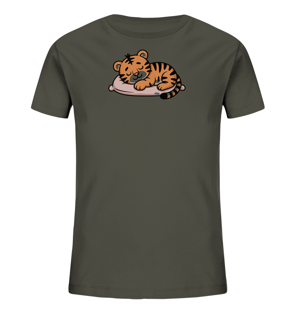 Onlineshop Shirts fuer Kinder - Das Bild zeigt ein dunkelgraues Kinder-T-Shirt mit einem niedlichen Frontmotiv. Darauf ist ein kleines, orange-schwarz gestreiftes Tigerbaby dargestellt, das friedlich auf einem beigefarbenen Kissen schlaeft. Das Design wirkt sanft und kinderfreundlich.