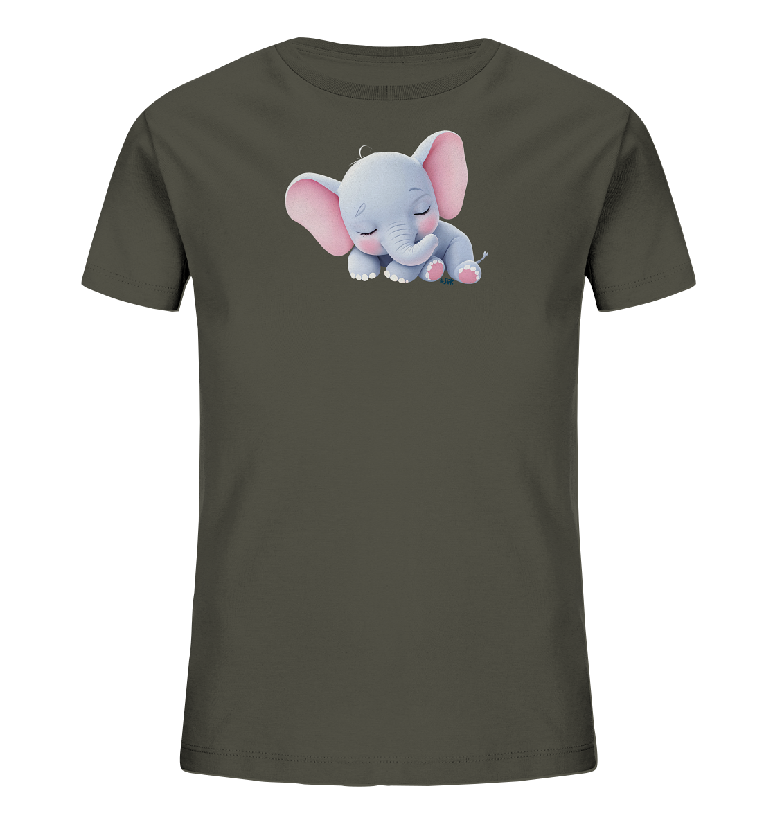 Onlineshop Shirts fuer Kinder - Das Bild zeigt ein dunkelolivgruenes T-Shirt fuer Kinder. Auf der Vorderseite ist eine niedliche Illustration eines schlafenden Baby-Elefanten zu sehen. Der hellgraue Elefant mit rosa Ohren liegt friedlich da und hat die Augen geschlossen, was dem Design eine sanfte und beruhigende Ausstrahlung verleiht. Ein Hauch von Gruen unter dem Elefanten rundet das Motiv ab.