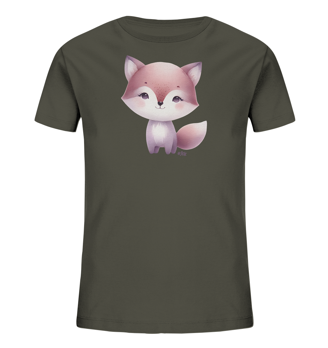 Onlineshop Shirts fuer Kinder - Das Bild zeigt ein dunkelgraues Kinder-T-Shirt mit einem niedlichen, cartoonhaften Fuchs auf der Vorderseite. Der Fuchs hat rosafarbene und lilafarbene Akzente, grosse, ausdrucksstarke Augen und einen flauschig wirkenden Schwanz. Er sitzt aufrecht und schaut freundlich nach vorne. Das Design ist charmant und ansprechend gestaltet.