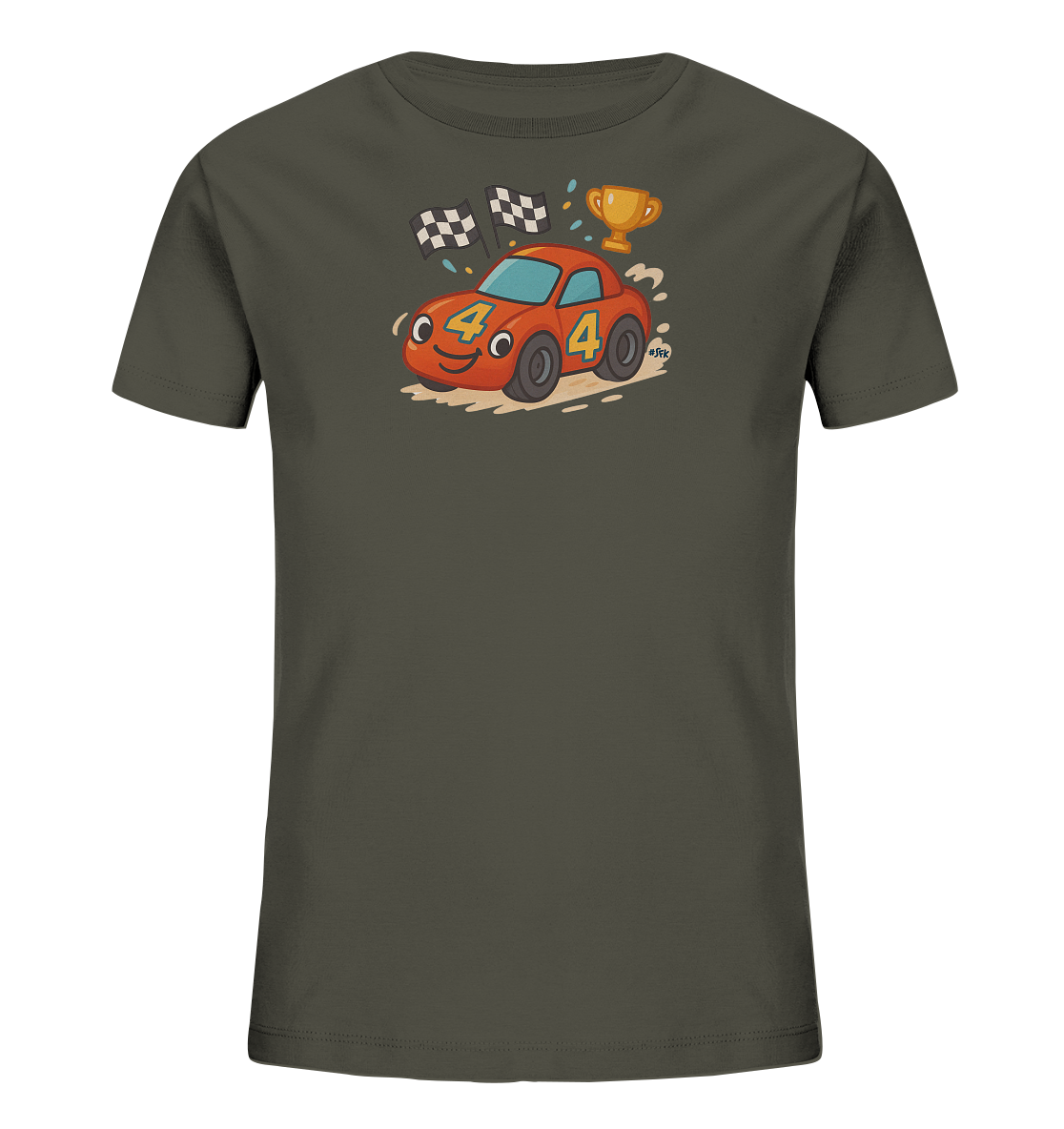 Onlineshop Shirts fuer Kinder - Das Bild zeigt ein dunkles Kinder T-Shirt. Auf der Vorderseite ist eine Grafik eines freundlichen orangefarbenen Rennautos zu sehen. Das Auto traegt die Zahl 4 und faehrt an Zielflaggen sowie einem goldenen Pokal vorbei. Das Design wirkt froehlich und dynamisch.
