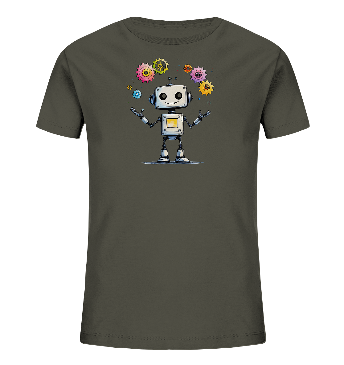 Onlineshop Shirts für Kinder - Das Bild zeigt ein T-Shirt in einem dunklen Farbton, der an Grau oder Olivgrün erinnert. Auf der Vorderseite ist eine detailreiche Illustration eines freundlichen Cartoon-Roboters abgebildet. Der Roboter steht mit erhobenen Händen und wird von mehreren bunten Zahnrädern in verschiedenen Größen und Farben umgeben, was einen spielerischen Effekt erzeugt. Das Design ist farbenfroh und technisch angehaucht, passend für Kinder.