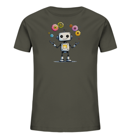 Onlineshop Shirts für Kinder - Das Bild zeigt ein T-Shirt in einem dunklen Farbton, der an Grau oder Olivgrün erinnert. Auf der Vorderseite ist eine detailreiche Illustration eines freundlichen Cartoon-Roboters abgebildet. Der Roboter steht mit erhobenen Händen und wird von mehreren bunten Zahnrädern in verschiedenen Größen und Farben umgeben, was einen spielerischen Effekt erzeugt. Das Design ist farbenfroh und technisch angehaucht, passend für Kinder.