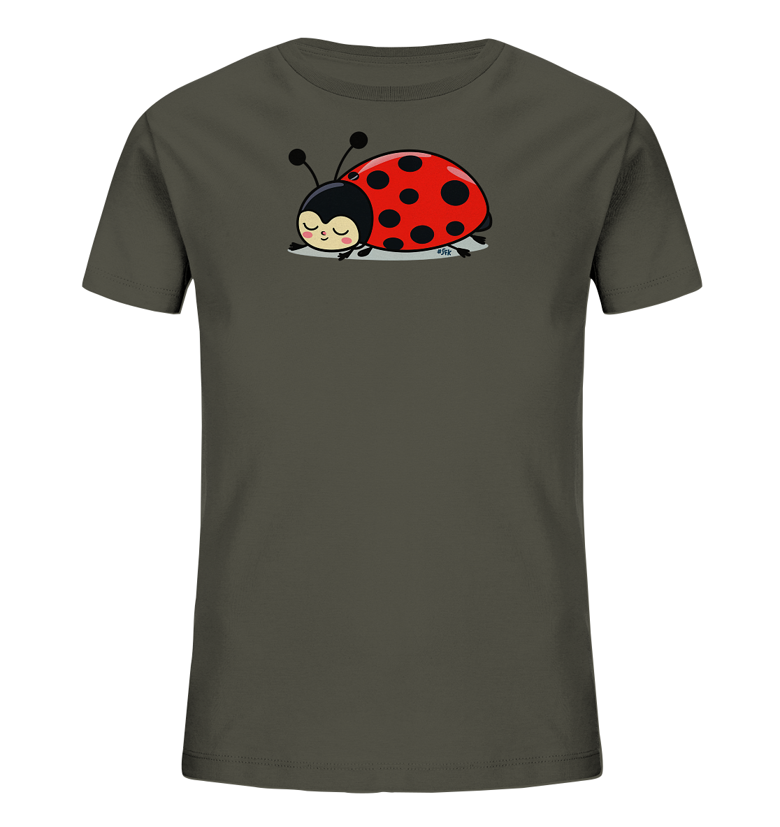 Onlineshop Shirts fuer Kinder - Das Bild zeigt ein dunkelgraues Kinder-T-Shirt mit einem niedlichen Motiv eines schlafenden Marienkaefers auf der Vorderseite. Der Marienkaefer ist rot mit schwarzen Punkten, hat eine schwarze Kopfpartie und Fuehler, und seine Augen sind geschlossen, waehrend er sanft laechelt. Er liegt entspannt auf einer hellgrauen Flaeche. Das verspielte Design ist ideal fuer Kinder.