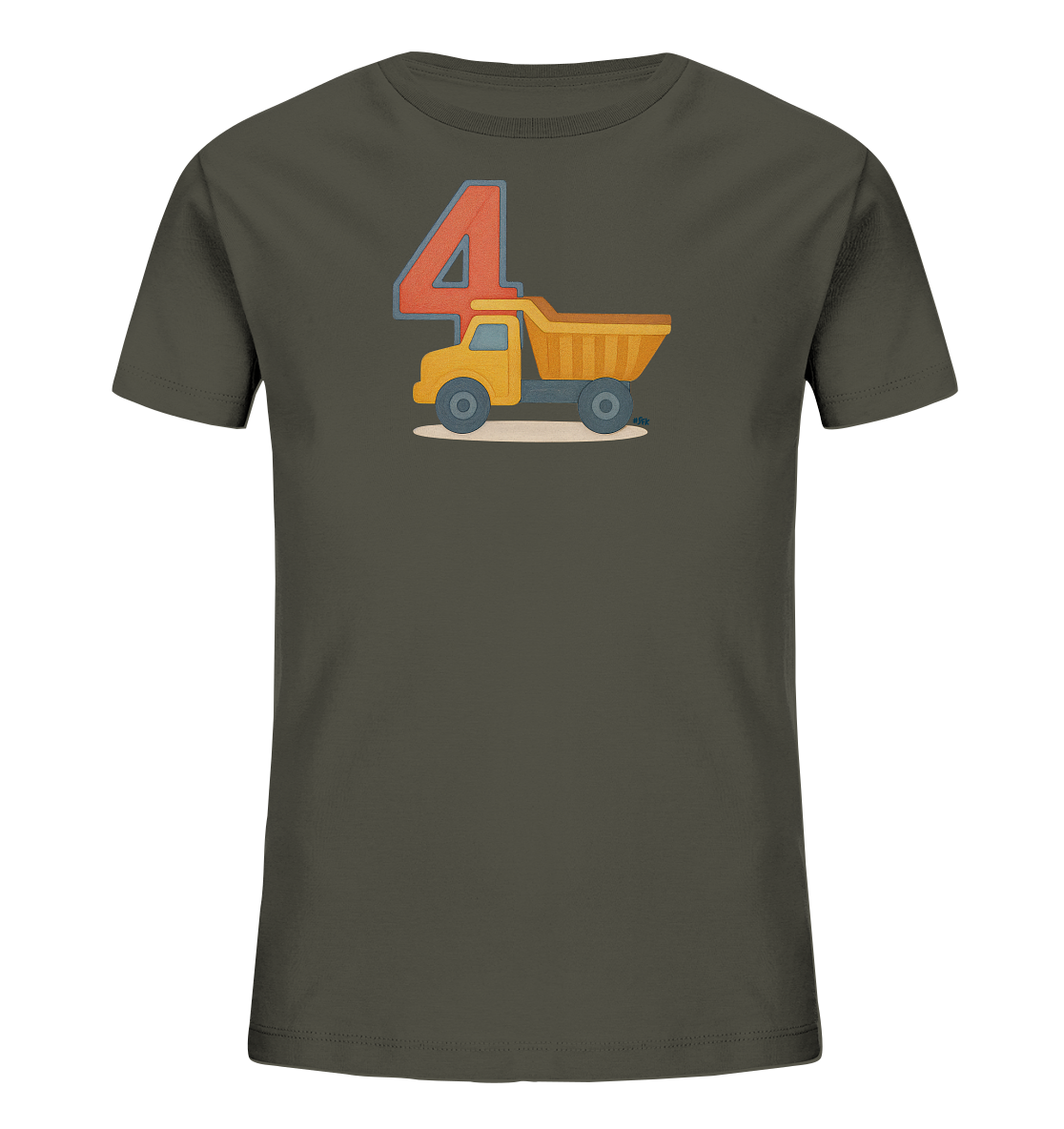 Onlineshop Shirts fuer Kinder - Das Bild zeigt ein dunkelgraues T-Shirt fuer Kinder mit einem auffaelligen Aufdruck. Auf der Vorderseite ist ein gelber Kipplaster neben einer grossen orangefarbenen Zahl 4 abgebildet. Der Kipplaster und die Zahl sind detailliert und farblich abgestimmt dargestellt. Das Motiv ist auf einem helleren, angedeuteten Untergrund positioniert.