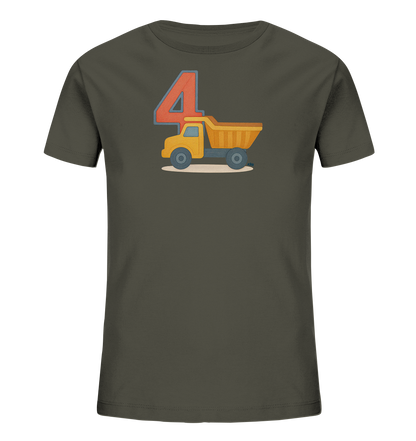 Onlineshop Shirts fuer Kinder - Das Bild zeigt ein dunkelgraues T-Shirt fuer Kinder mit einem auffaelligen Aufdruck. Auf der Vorderseite ist ein gelber Kipplaster neben einer grossen orangefarbenen Zahl 4 abgebildet. Der Kipplaster und die Zahl sind detailliert und farblich abgestimmt dargestellt. Das Motiv ist auf einem helleren, angedeuteten Untergrund positioniert.