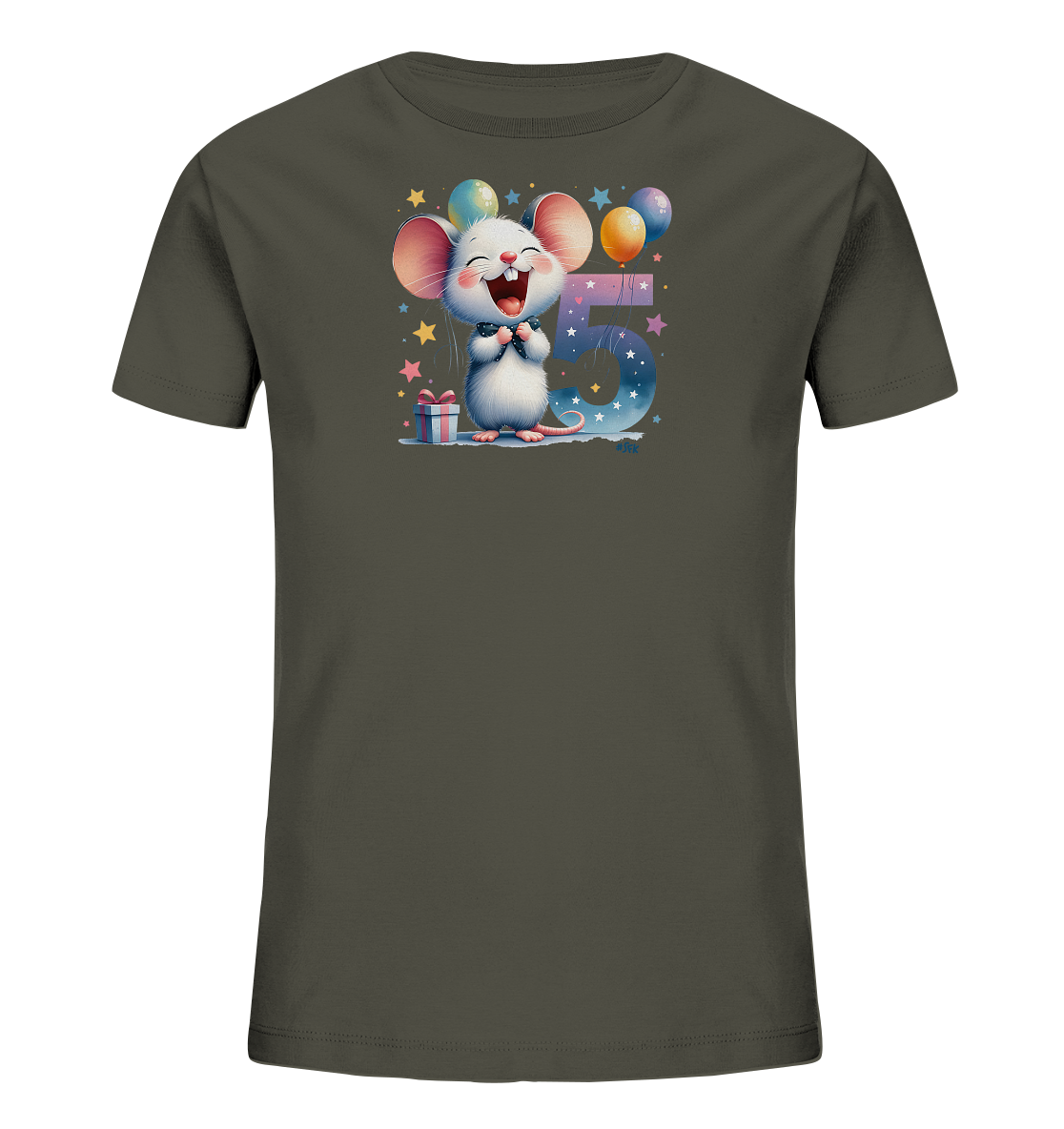 Onlineshop Shirts fuer Kinder - Dieses dunkelgraue T-Shirt fuer Kinder zeigt ein froehliches Maeuschen mit einer Schleife, das von Luftballons und einem Geschenk umgeben ist. Neben der Maus ist die grosse Zahl '5' abgebildet. Kleine Sterne in verschiedenen Farben ergaenzen das festliche Motiv.