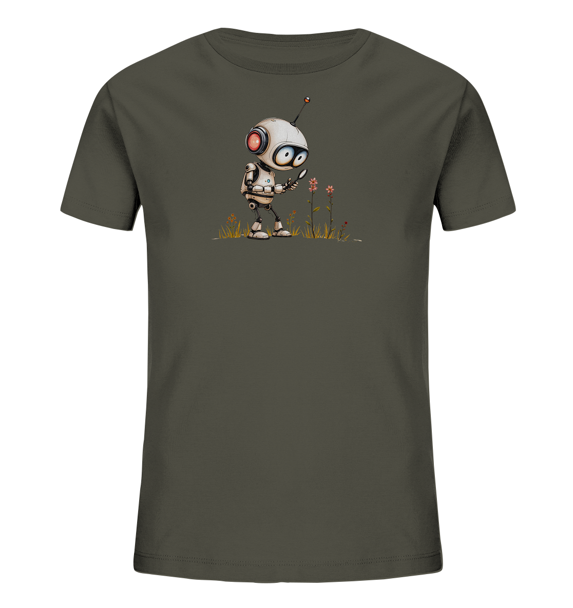 Onlineshop Shirts für Kinder - Das Bild zeigt ein dunkelgraues Kinder T-Shirt mit einem Motiv auf der Vorderseite. Die Illustration zeigt einen niedlichen, weißen Roboter mit roten Akzenten und einer Antenne. Der Roboter hält eine Lupe und betrachtet neugierig eine kleine Blume im Gras. Das Design ist detailreich und verspielt, ideal für neugierige kleine Entdecker.