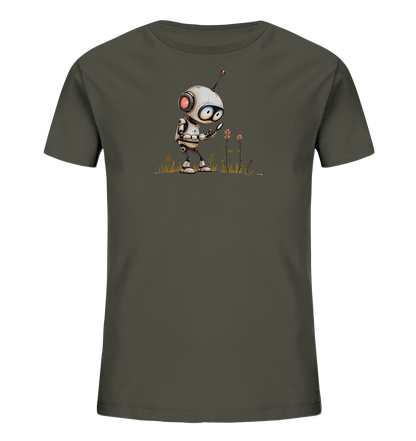 Onlineshop Shirts für Kinder - Das Bild zeigt ein dunkelgraues Kinder T-Shirt mit einem Motiv auf der Vorderseite. Die Illustration zeigt einen niedlichen, weißen Roboter mit roten Akzenten und einer Antenne. Der Roboter hält eine Lupe und betrachtet neugierig eine kleine Blume im Gras. Das Design ist detailreich und verspielt, ideal für neugierige kleine Entdecker.