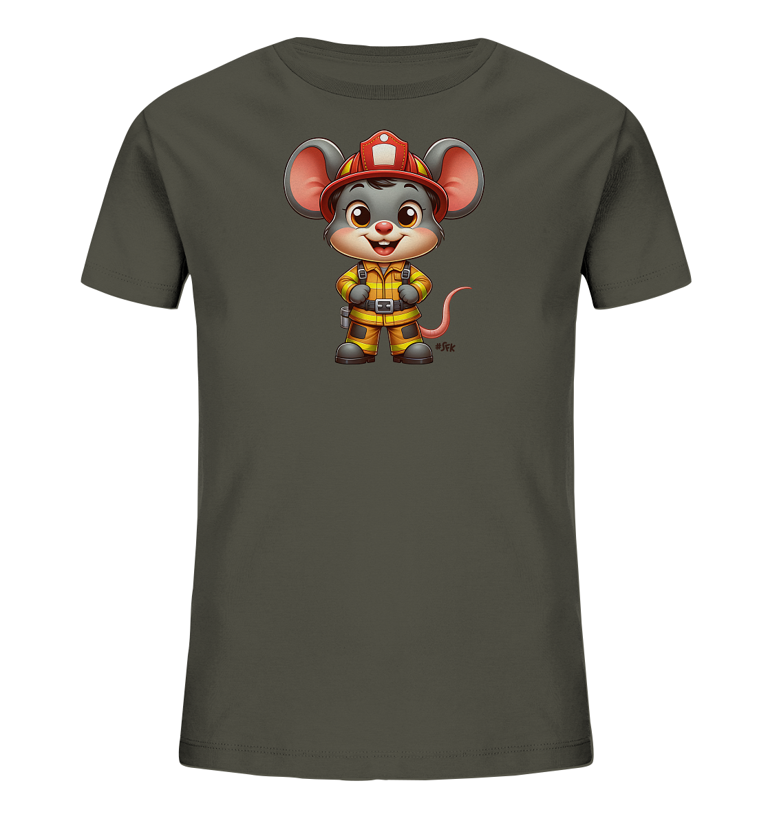 Onlineshop Shirts fuer Kinder - Das Bild zeigt ein dunkles Kinder-T-Shirt mit einem niedlichen Druck. Zentral ist eine Comic-Maus in voller Feuerwehrmontur zu sehen. Sie traegt einen roten Helm und eine gelbe Uniform mit orangefarbenen Streifen. Das Motiv ist detailliert und farbenfroh auf dem Shirt platziert.