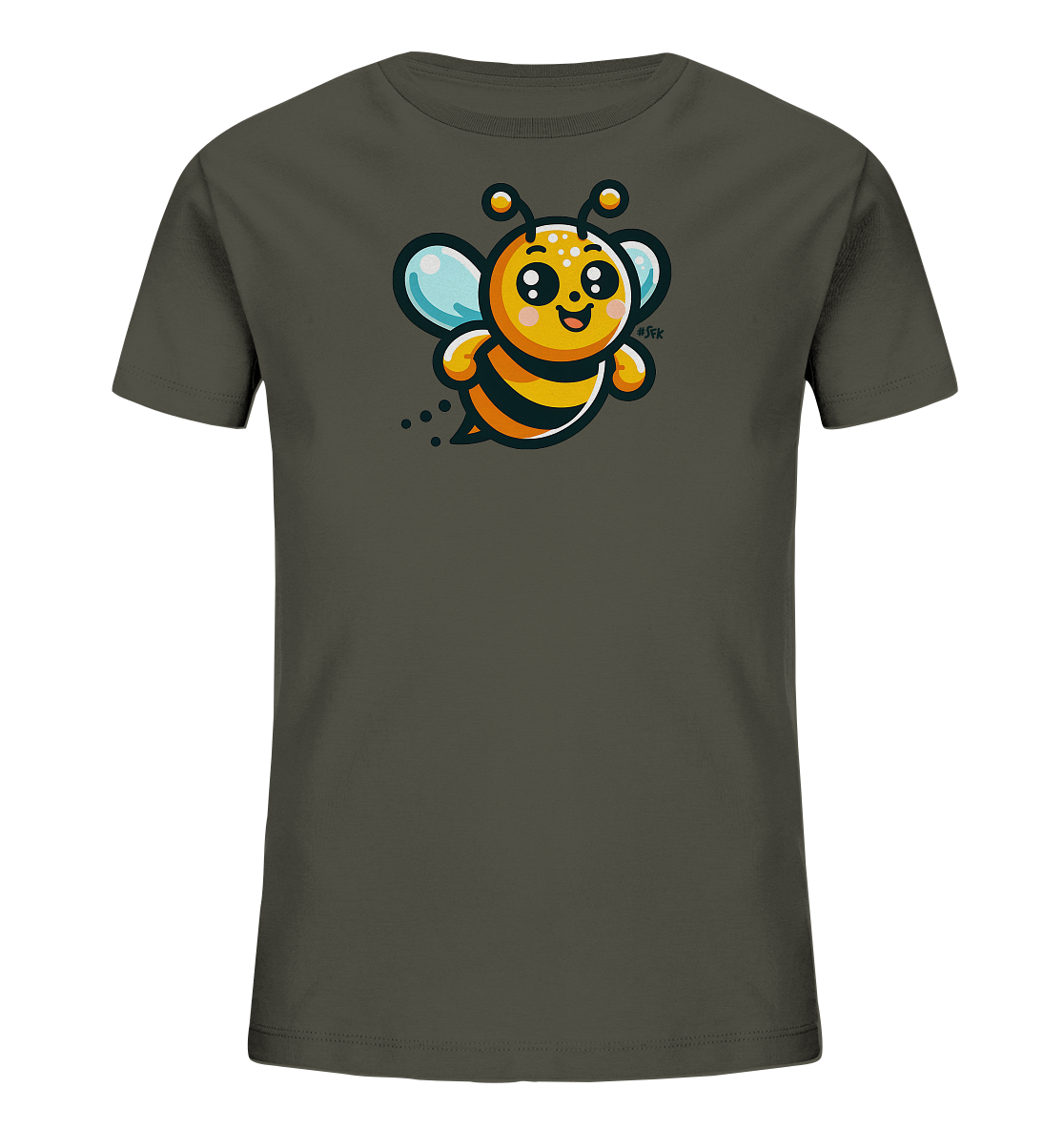 Onlineshop Shirts fuer Kinder - Dieses T-Shirt in einem dunklen Olivgruen zeigt eine niedliche, cartoonhafte Biene auf der Vorderseite. Die Biene hat leuchtend gelbe und schwarze Streifen, grosse Augen und ein froehliches Laecheln. Ihre Fluegel sind hellblau dargestellt, und kleine Punkte deuten auf Flugbewegung hin. Das Design ist verspielt und farbenfroh auf dem dunklen Stoff platziert.
