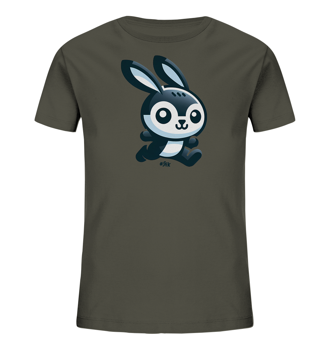 Onlineshop Shirts fuer Kinder - Das Bild zeigt ein Kindert-Shirt in einem dunklen Grauton. Auf der Vorderseite befindet sich eine suesse, cartoonartige Illustration eines Hasen. Der Hase ist in Schwarz-Weiss-Toenen gehalten, hat grosse Augen und Ohren und wird in einer laufenden Bewegung dargestellt. Das Design ist verspielt und ansprechend fuer Kinder.