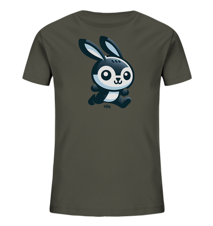 Onlineshop Shirts fuer Kinder - Das Bild zeigt ein Kindert-Shirt in einem dunklen Grauton. Auf der Vorderseite befindet sich eine suesse, cartoonartige Illustration eines Hasen. Der Hase ist in Schwarz-Weiss-Toenen gehalten, hat grosse Augen und Ohren und wird in einer laufenden Bewegung dargestellt. Das Design ist verspielt und ansprechend fuer Kinder.