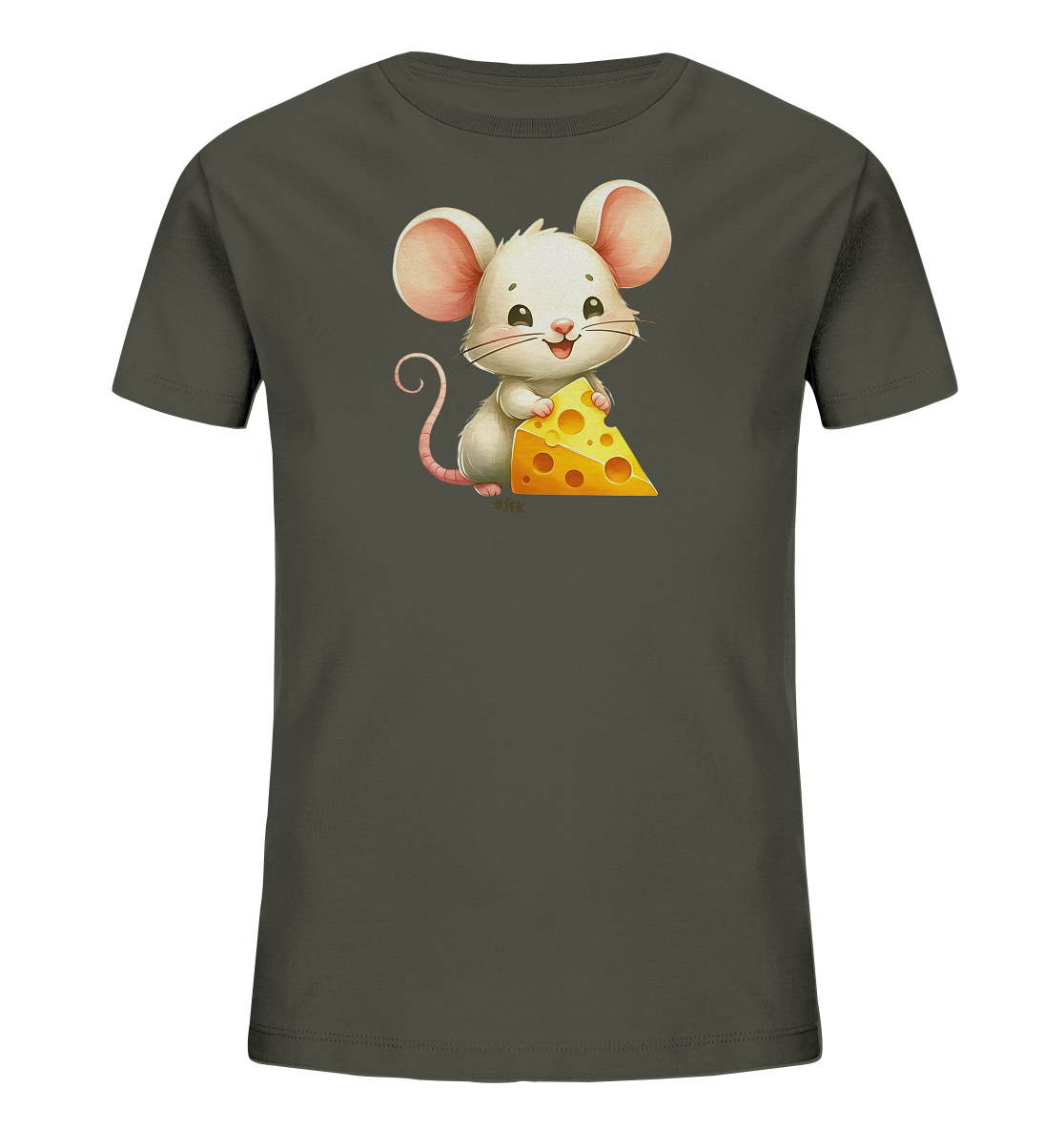 Onlineshop Shirts fuer Kinder - Das Bild zeigt ein dunkelgraues Kinder-T-Shirt mit einem Aufdruck auf der Vorderseite. Darauf ist eine niedliche weisse Cartoon-Maus zu sehen, die ein grosses Stueck gelben Kaese mit Loechern festhaelt. Die Maus hat grosse Ohren und einen freundlichen Gesichtsausdruck. Das Design wirkt verspielt und kindgerecht.