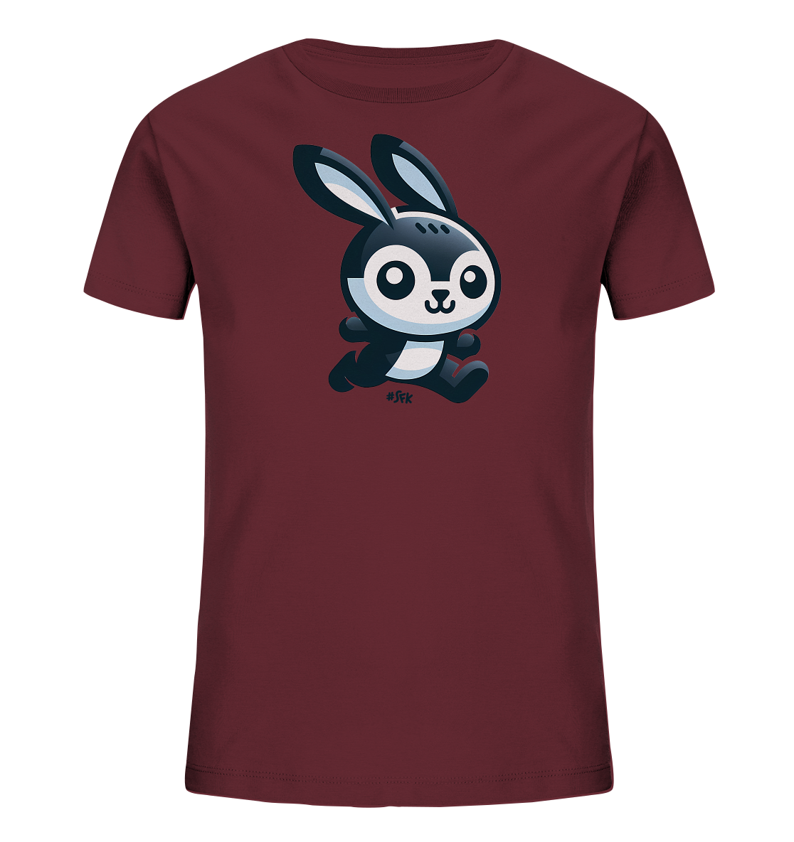 Onlineshop Shirts fuer Kinder - Das Bild zeigt ein dunkelrotes T-Shirt fuer Kinder. Auf der Vorderseite ist eine niedliche, cartoonhafte Darstellung eines Hasen zu sehen. Der Hase ist schwarz-weiss und scheint zu rennen oder zu huepfen. Sein Design mit grossen Augen und einem freundlichen Ausdruck verleiht dem Shirt einen verspielten Charakter.