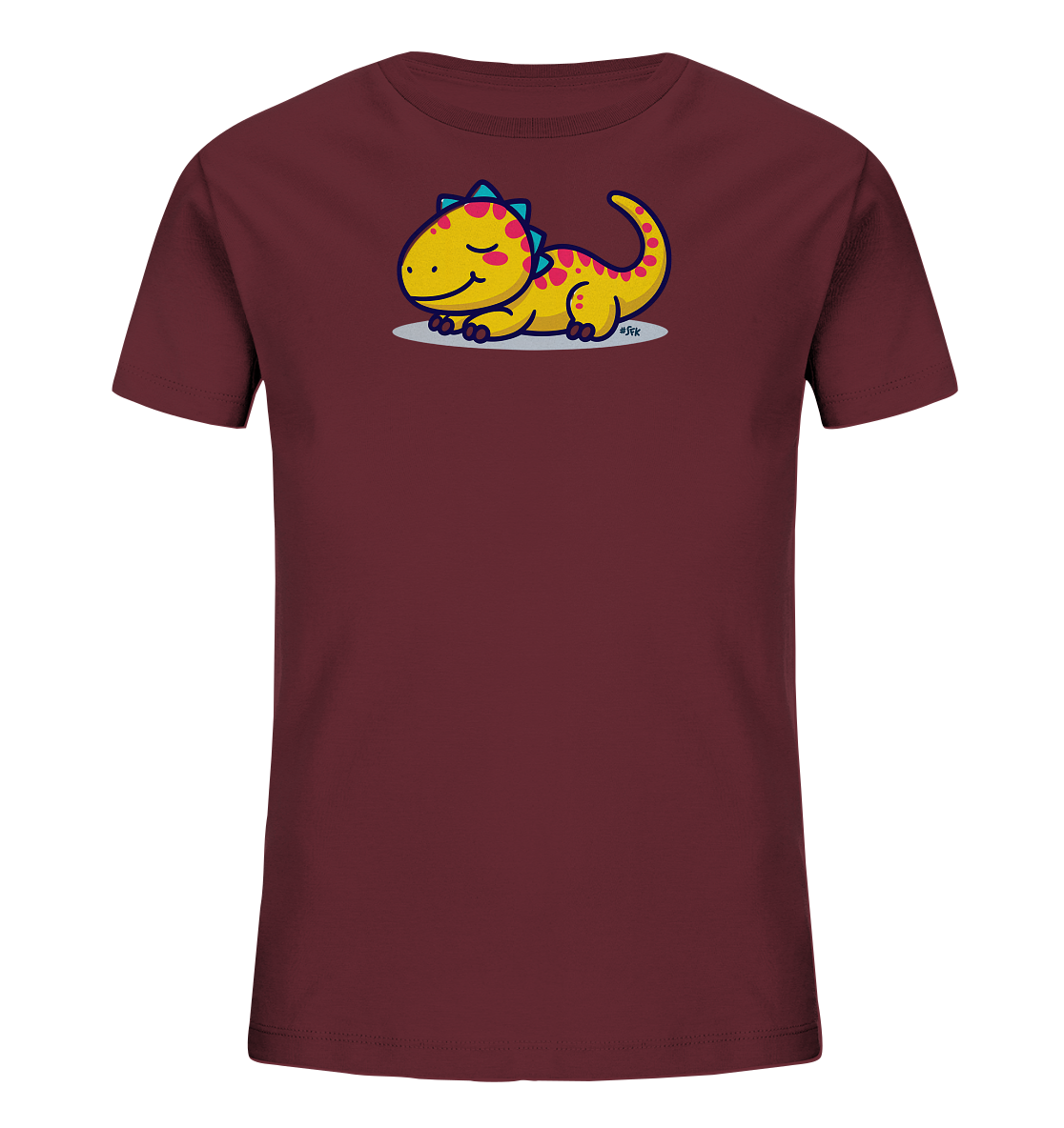 Onlineshop Shirts fuer Kinder - Das Bild zeigt ein dunkelrotes Kinder-T-Shirt mit einem niedlichen gelben Dinosaurier auf der Vorderseite. Der Cartoon-Dinosaurier liegt entspannt da, hat rosa Punkte und blaue Zacken auf dem Ruecken sowie geschlossene Augen und ein Laecheln. Das Motiv ist auf einer hellgrauen ovalen Flaeche platziert. Das Design wirkt freundlich und verspielt.