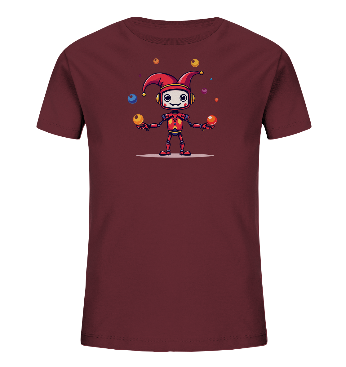 Onlineshop Shirts für Kinder - Das Bild zeigt ein dunkelrotes Kinder-T-Shirt mit einem farbenfrohen Aufdruck auf der Vorderseite. Der Aufdruck stellt einen Cartoon-Roboter dar, der eine rote Narrenkappe trägt und bunte Kugeln jongliert. Der Roboter hat ein freundliches Gesicht und rote Gliedmaßen. Das Motiv ist detailliert und verleiht dem Shirt einen verspielten Charakter.