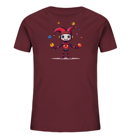 Onlineshop Shirts für Kinder - Das Bild zeigt ein dunkelrotes Kinder-T-Shirt mit einem farbenfrohen Aufdruck auf der Vorderseite. Der Aufdruck stellt einen Cartoon-Roboter dar, der eine rote Narrenkappe trägt und bunte Kugeln jongliert. Der Roboter hat ein freundliches Gesicht und rote Gliedmaßen. Das Motiv ist detailliert und verleiht dem Shirt einen verspielten Charakter.