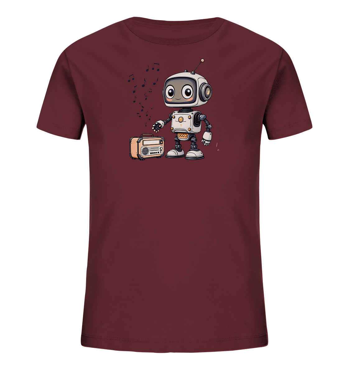 Onlineshop Shirts für Kinder - Das Bild zeigt ein dunkelrotes T-Shirt für Kinder mit einem aufgedruckten Motiv auf der Vorderseite. Das Motiv stellt einen freundlich aussehenden Roboter dar, der neben einem Retro-Radio steht. Über dem Radio schweben musikalische Noten, die anzeigen, dass der Roboter Musik hört oder spielt. Der Roboter und das Radio sind im Comic-Stil gezeichnet und farblich hervorgehoben, was dem Shirt einen verspielten Charakter verleiht.
