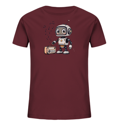 Onlineshop Shirts für Kinder - Das Bild zeigt ein dunkelrotes T-Shirt für Kinder mit einem aufgedruckten Motiv auf der Vorderseite. Das Motiv stellt einen freundlich aussehenden Roboter dar, der neben einem Retro-Radio steht. Über dem Radio schweben musikalische Noten, die anzeigen, dass der Roboter Musik hört oder spielt. Der Roboter und das Radio sind im Comic-Stil gezeichnet und farblich hervorgehoben, was dem Shirt einen verspielten Charakter verleiht.