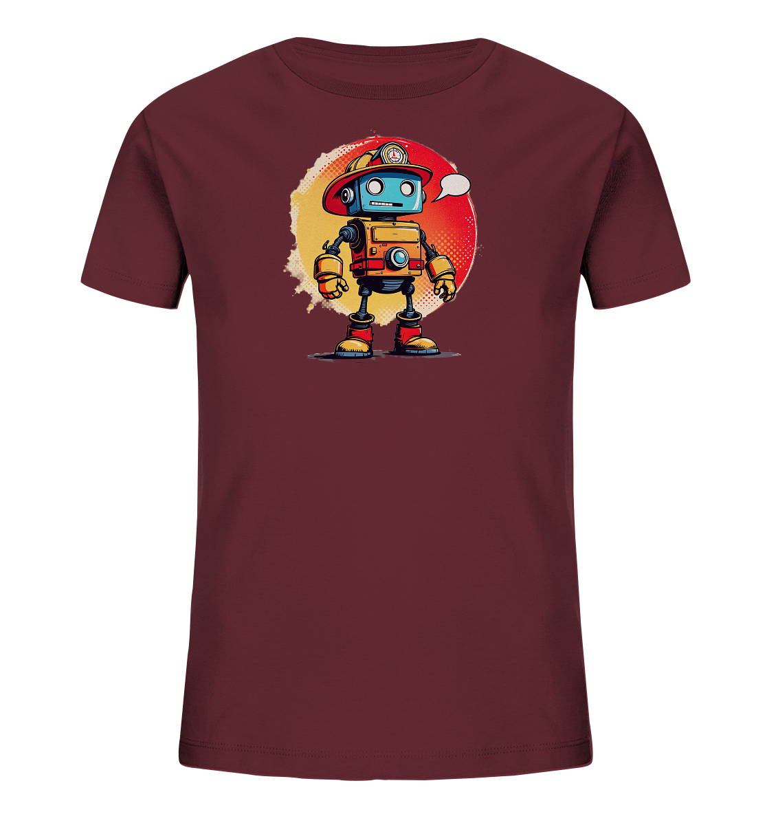 Onlineshop Shirts für Kinder - Das Bild zeigt ein Kinder-T-Shirt in einem dunklen Bordeauxrot. Auf der Vorderseite befindet sich eine auffällige Illustration eines cartoonartigen Roboters. Der Roboter ist in Blautönen mit orangefarbenen und gelben Akzenten gehalten und trägt einen roten Helm, daneben ist eine Sprechblase zu sehen. Die Grafik ist vor einem runden, strukturierten Hintergrund in Gelb- und Rottönen platziert und hat einen verspielten, fast retro wirkenden Stil.