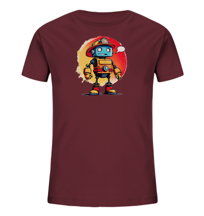 Onlineshop Shirts für Kinder - Das Bild zeigt ein Kinder-T-Shirt in einem dunklen Bordeauxrot. Auf der Vorderseite befindet sich eine auffällige Illustration eines cartoonartigen Roboters. Der Roboter ist in Blautönen mit orangefarbenen und gelben Akzenten gehalten und trägt einen roten Helm, daneben ist eine Sprechblase zu sehen. Die Grafik ist vor einem runden, strukturierten Hintergrund in Gelb- und Rottönen platziert und hat einen verspielten, fast retro wirkenden Stil.