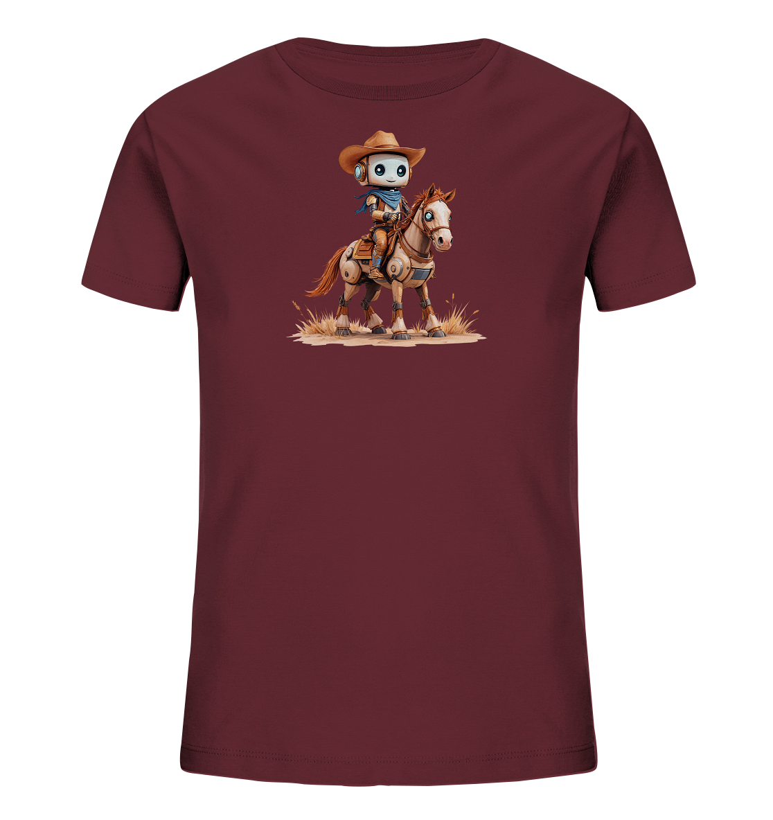 Onlineshop Shirts für Kinder - Dieses dunkelrote T-Shirt für Kinder zeigt eine einzigartige Grafik auf der Vorderseite. Abgebildet ist ein kleiner, humanoider Roboter, der einen Cowboyhut und ein Halstuch trägt. Der Roboter reitet auf einem pferdeähnlichen Wesen, das ebenfalls mechanische Elemente aufweist und auf trockenem Boden steht. Das Design kombiniert Science-Fiction- und Westernelemente zu einem fantasievollen Motiv.