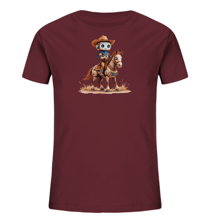 Onlineshop Shirts für Kinder - Dieses dunkelrote T-Shirt für Kinder zeigt eine einzigartige Grafik auf der Vorderseite. Abgebildet ist ein kleiner, humanoider Roboter, der einen Cowboyhut und ein Halstuch trägt. Der Roboter reitet auf einem pferdeähnlichen Wesen, das ebenfalls mechanische Elemente aufweist und auf trockenem Boden steht. Das Design kombiniert Science-Fiction- und Westernelemente zu einem fantasievollen Motiv.