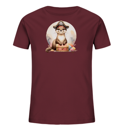 Onlineshop Shirts fuer Kinder - Das Bild zeigt ein dunkelrotes Kinder-T-Shirt mit einem niedlichen Ottermotiv auf der Vorderseite. Der Otter traegt einen Piratenhut mit Totenkopf und sitzt auf einer braunen Schatzkiste. Bunte Eier und dezente Pflanzen sind um die Truhe herum platziert. Ein heller Kreis bildet den Hintergrund fuer die fantasievolle Szene.