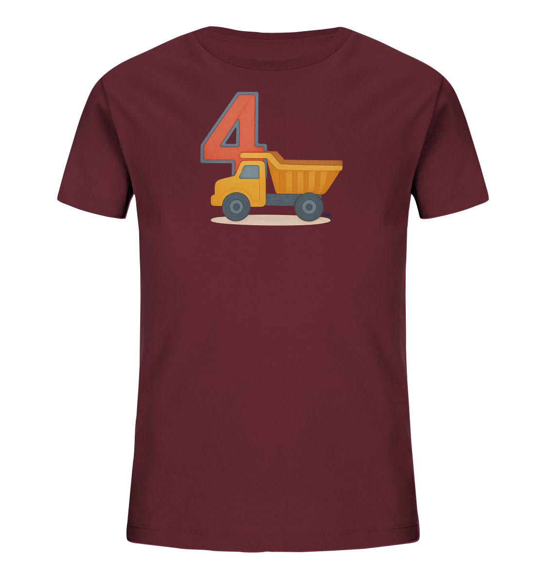 Onlineshop Shirts fuer Kinder - Dieses dunkelrote T-Shirt zeigt eine grosse, orangefarbene Zahl 4 mit grauem Rand. Daneben ist die Illustration eines gelben Lastwagens mit blauen Raedern und einer vollen Ladeflaeche zu sehen. Die Grafik ist auf einer hellen Bodenlinie platziert. Dieses Motiv ist ansprechend fuer kleine Fahrzeugfans.