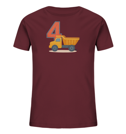 Onlineshop Shirts fuer Kinder - Dieses dunkelrote T-Shirt zeigt eine grosse, orangefarbene Zahl 4 mit grauem Rand. Daneben ist die Illustration eines gelben Lastwagens mit blauen Raedern und einer vollen Ladeflaeche zu sehen. Die Grafik ist auf einer hellen Bodenlinie platziert. Dieses Motiv ist ansprechend fuer kleine Fahrzeugfans.