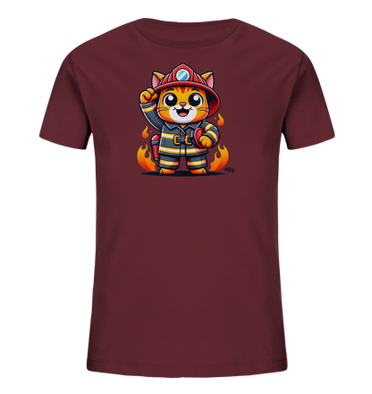 Kinder T-Shirt mit eine winkende Cartoon-Katze als Feuerwehrfigur mit Helm und Uniform