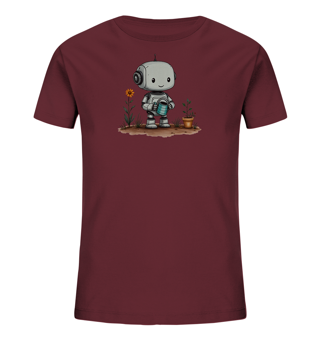 Onlineshop Shirts für Kinder - Das Bild zeigt ein dunkelrotes T-Shirt für Kinder mit einem detaillierten Grafikdruck auf der Vorderseite. Die Grafik stellt einen freundlichen, cartoonartigen Roboter dar, der auf einem Stück Erde steht. Der Roboter hält eine blaue Gießkanne und gießt damit eine kleine Pflanze in einem braunen Topf. Neben dem Roboter wächst eine weitere Pflanze mit einer auffälligen gelben Blume, was dem Motiv eine naturfreundliche Note verleiht.