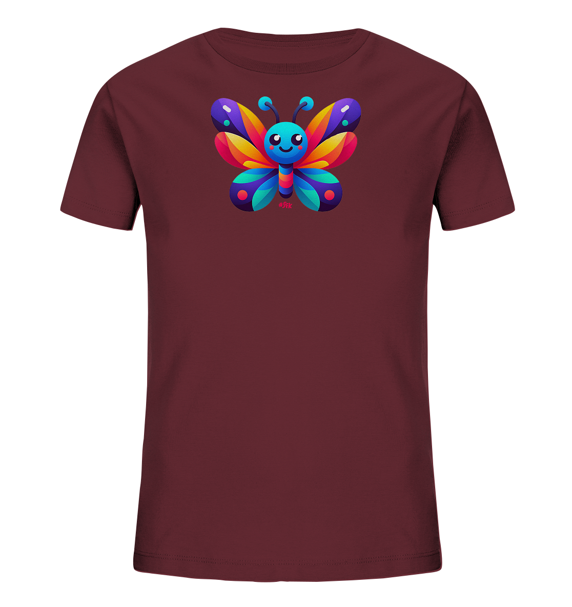 Onlineshop Shirts fuer Kinder - Das Bild zeigt ein bordeauxrotes Kinder-T-Shirt. Auf der Vorderseite ist ein bunter, froehlicher Schmetterling abgebildet. Der Schmetterling hat Fluegel in verschiedenen leuchtenden Farben wie Rot, Orange, Gelb, Blau und Tuerkis sowie lilafarbene Punkte. Das Motiv ist im Cartoon-Stil gehalten und wirkt sehr farbenfroh.