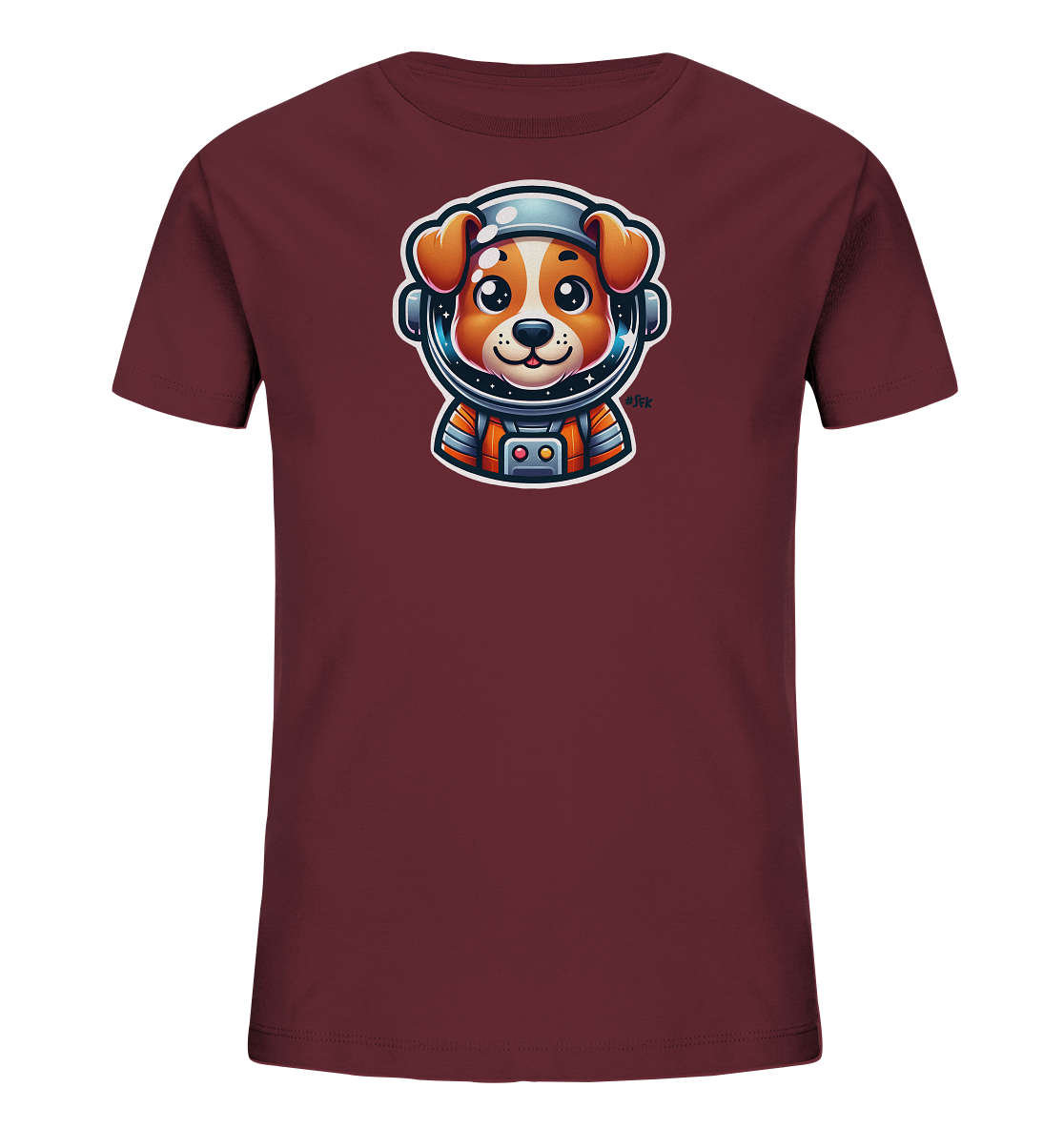 Onlineshop Shirts fuer Kinder - Das Bild zeigt ein dunkelrotes Kinder-T-Shirt mit einem niedlichen Motiv eines Cartoon-Hundes als Astronaut. Der Hund traegt einen Raumanzug und Helm, sein Gesicht blickt freundlich aus dem Visier. Das Design ist detailliert und farbenfroh, was dem Shirt einen verspielten und einzigartigen Look verleiht. Dieses Shirt ist ein Blickfang fuer kleine Weltraum-Abenteurer.