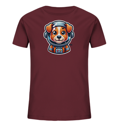 Onlineshop Shirts fuer Kinder - Das Bild zeigt ein dunkelrotes Kinder-T-Shirt mit einem niedlichen Motiv eines Cartoon-Hundes als Astronaut. Der Hund traegt einen Raumanzug und Helm, sein Gesicht blickt freundlich aus dem Visier. Das Design ist detailliert und farbenfroh, was dem Shirt einen verspielten und einzigartigen Look verleiht. Dieses Shirt ist ein Blickfang fuer kleine Weltraum-Abenteurer.