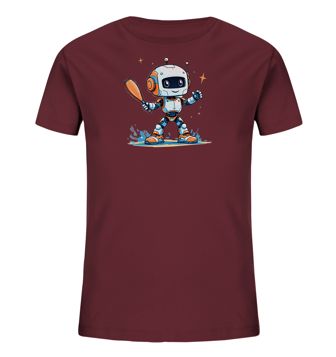 Onlineshop Shirts für Kinder - Das Bild zeigt ein weinrotes Kinder T-Shirt mit einem farbenfrohen Aufdruck in der Mitte. Der Aufdruck stellt einen niedlichen, cartoonhaften Roboter in den Farben Weiß, Orange und Blau dar, der einen braunen Schläger in der Hand hält. Der Roboter steht in einer Pfütze mit spritzendem Wasser und hat einen freundlichen Gesichtsausdruck. Das Motiv wirkt fröhlich und verspielt.