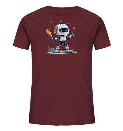 Onlineshop Shirts für Kinder - Das Bild zeigt ein weinrotes Kinder T-Shirt mit einem farbenfrohen Aufdruck in der Mitte. Der Aufdruck stellt einen niedlichen, cartoonhaften Roboter in den Farben Weiß, Orange und Blau dar, der einen braunen Schläger in der Hand hält. Der Roboter steht in einer Pfütze mit spritzendem Wasser und hat einen freundlichen Gesichtsausdruck. Das Motiv wirkt fröhlich und verspielt.