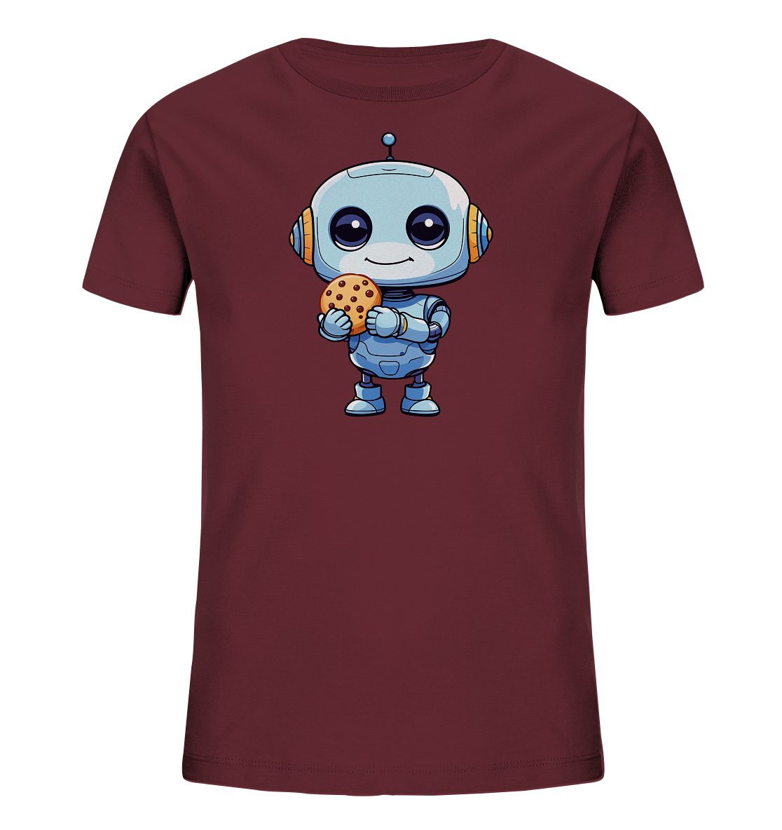 Onlineshop Shirts für Kinder - Das Bild zeigt ein Kinder T-Shirt in einem tiefen, dunkelroten Farbton. Auf der Vorderseite des Shirts befindet sich eine Illustration eines freundlichen, hellblauen Roboters. Der Roboter ist detailliert dargestellt, mit großen Augen und einem Lächeln, und hält einen Keks mit Schokoladenstückchen in den Händen. Die Grafik ist zentral auf dem Shirt platziert und verleiht dem Kleidungsstück ein verspieltes Motiv.
