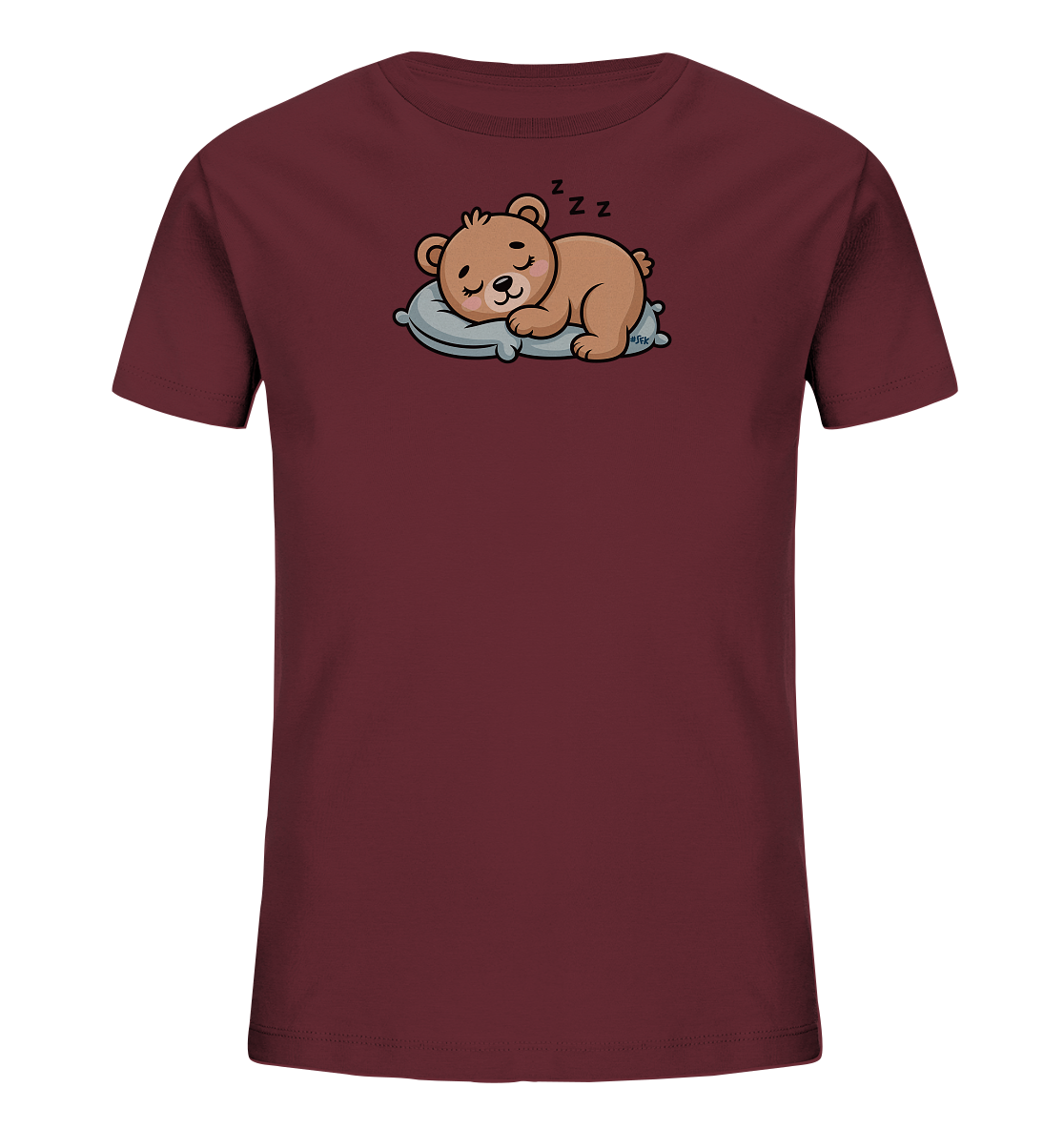 Onlineshop Shirts fuer Kinder - Das Bild zeigt ein dunkelrotes Kinder-T-Shirt mit einem niedlichen Aufdruck. Ein brauner Cartoon-Baer schlaeft friedlich auf einem hellblauen Kissen. Über seinem Kopf sind "ZzZ"-Symbole zu sehen, die seinen Schlaf andeuten. Das Design wirkt beruhigend und ist ideal fuer kleine Kinder.