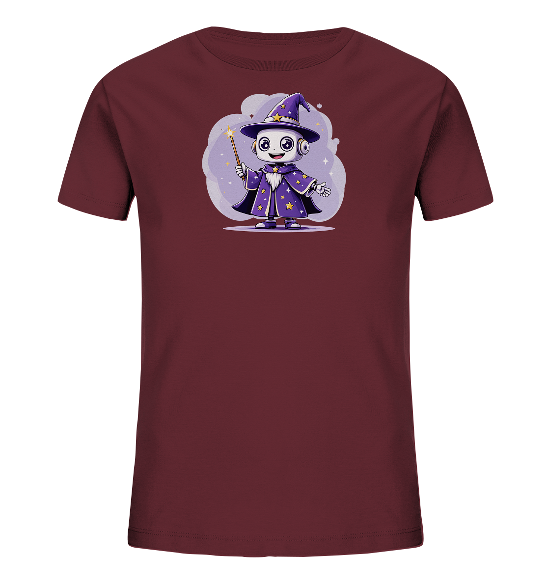Onlineshop Shirts für Kinder - Das Bild zeigt ein Kinder-T-Shirt in einem gedämpften Bordeauxrot. Auf der Vorderseite ist eine farbige Grafik eines niedlichen Roboters zu sehen, der als Zauberer gekleidet ist. Der Roboter trägt einen spitzen Hut und eine Robe, beide in Violetttönen mit gelben Sternen verziert, und hält einen Zauberstab. Hinter der Figur befindet sich eine wolkenartige Form in sanften Lilatönen mit funkelnden Elementen.