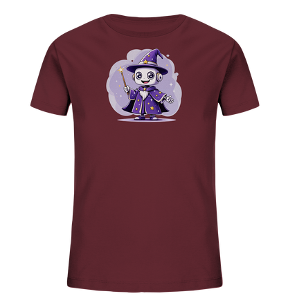 Onlineshop Shirts für Kinder - Das Bild zeigt ein Kinder-T-Shirt in einem gedämpften Bordeauxrot. Auf der Vorderseite ist eine farbige Grafik eines niedlichen Roboters zu sehen, der als Zauberer gekleidet ist. Der Roboter trägt einen spitzen Hut und eine Robe, beide in Violetttönen mit gelben Sternen verziert, und hält einen Zauberstab. Hinter der Figur befindet sich eine wolkenartige Form in sanften Lilatönen mit funkelnden Elementen.