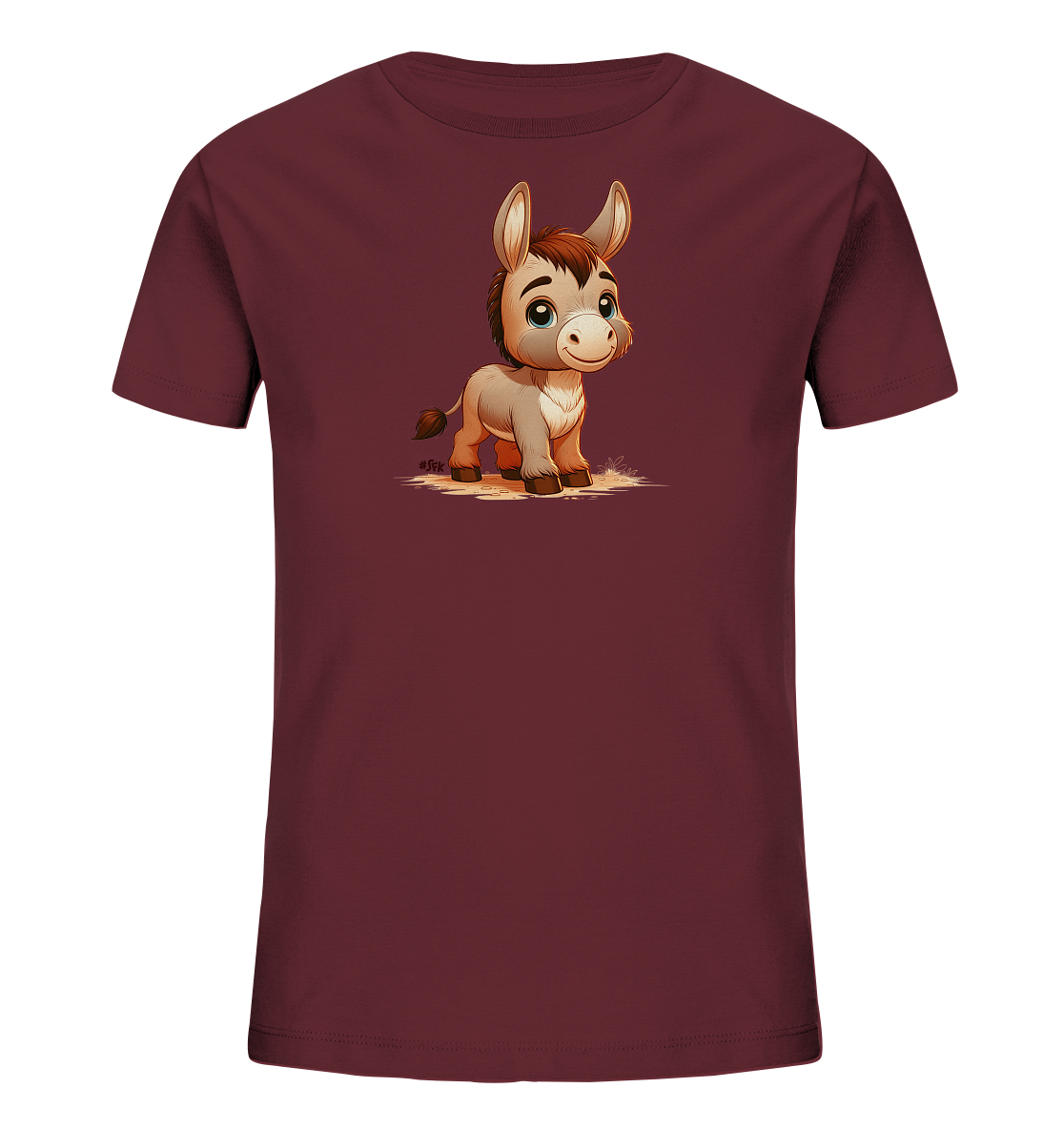 Onlineshop Shirts fuer Kinder - Das Bild zeigt ein dunkelrotes Kinder-T-Shirt mit einer niedlichen Grafik auf der Vorderseite. Die Grafik stellt einen kleinen, freundlichen Esel mit grossen Augen dar, der auf einem Stueck Boden steht. Das Motiv ist in einem cartoonhaften Stil gehalten und farblich abgestimmt. Das Design verleiht dem Shirt einen charmanten und kinderfreundlichen Charakter.