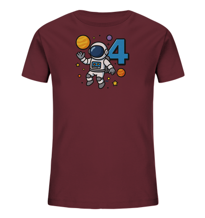 Onlineshop Shirts fuer Kinder - Dieses T-Shirt in Dunkelrot zeigt eine verspielte Weltraumgrafik. Im Zentrum schwebt ein freundlicher Cartoon-Astronaut umgeben von Planeten, Sternen und Punkten. Daneben ist die Zahl '4' prominent in Blau dargestellt. Das Design ist ansprechend und ideal fuer kleine Entdecker.