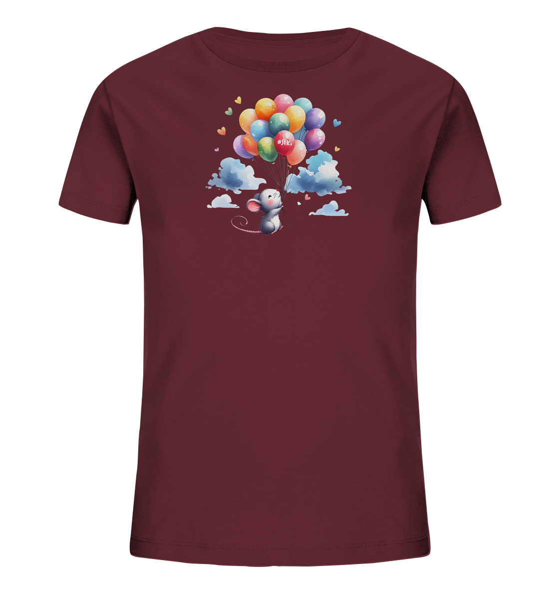 Onlineshop Shirts für Kinder - Das Bild zeigt ein bordeauxfarbenes Kinder-T-Shirt mit einem zentralen Aufdruck. Das Motiv zeigt eine Cartoon-Maus, die an einer Gruppe bunter Ballons hängt. Um die Maus und die Ballons sind stilisierte Wolken und kleine, farbige Herzen platziert. Ein roter Ballon trägt die Aufschrift "#SFK.".